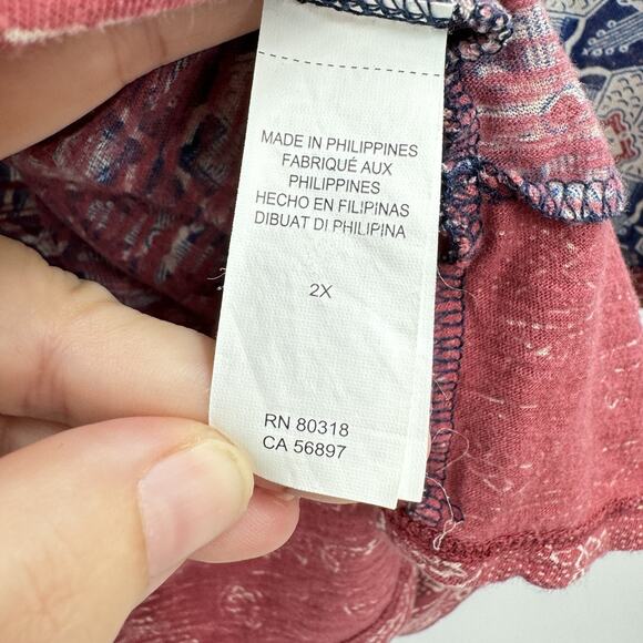 Lucky Brand Boho Printed Cotton Knit Top Sz 2X Red Blue Casual Office Split Neck - Picture 5 of 11